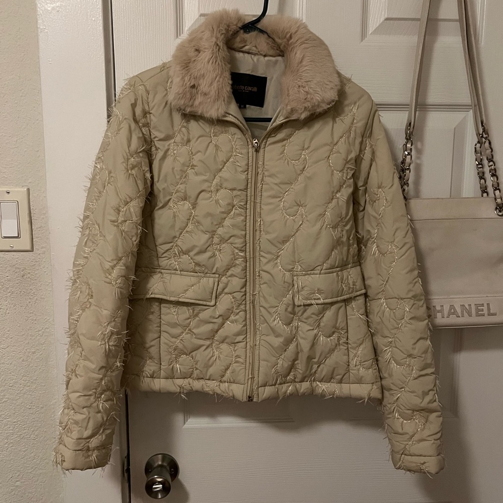 Vintage Roberto Cavalli beige jacket with faux fur collar